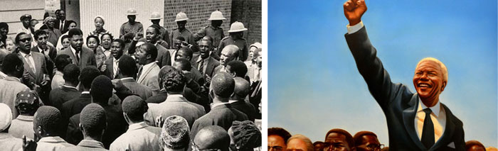 Nelson Mandela is portrayed as a solitary leader who rose above his people, instead of being part of a collective movement. Images: (l) Nelson Mandela and friends sing 'Nikosi Sikelel I Afrika' at the end of their trial for treason in South Africa, 3/29/61. (r) Image from the picture book Mandela.