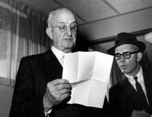 Journalist Claude Sitton looks on as Regents Chairman Robert O. Arnold announces that reporters will be banned from certain buildings at the University of Georgia in 1961, during the unrest of the civil rights movement. (c) The Atlanta Journal-Constitution.