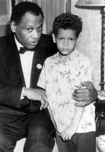 Paul Leroy Robeson, actor, athlete, scholar, singer and lawyer, passes on words of wisdom to Julian Bond, future civil rights activist and son of Lincoln University Horace Mann Bond. (John W. Mosley. 1949)